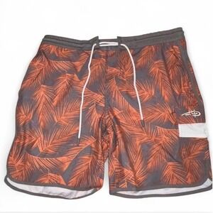 ReelLife Mens Swim Trunks Shorts Orange Palm Leaf Print Elastic Waist Size XL